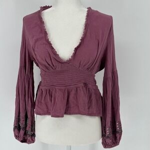 Embroidered Smocked Waist Peplum Blouse Boho Cropped Y2K Mauve Pink  Floral L